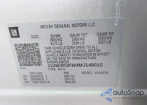 2021 Chevrolet Traverse Fwd Lt Cloth z USA, uszkodzony, nr VIN 1GNERGKW4MJ149010